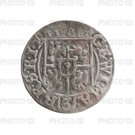 Obv.: Under the ducal mitre, a five-field heraldic shield; below in the shield the value numeral 3. In the rim between the borders is an inscription separated by the mitre and the value numeral .GE.WI.MA. - BR.SRIE. Reverse: Royal orb with a cross with arms terminating in finials; in the lower part of the orb the value numerals 24; on the sides of the cross the date numerals 2-5. In the rim between the borders an inscription divided by a cross and a heart - the hallmark .MONE.NO - DVC.PRVS., 1625. Ducal Prussia (1525–1701), Königsberg; coin; diameter 19.0 mm; weight 1.00 g; axis 135°.