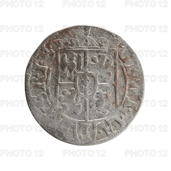 One-and-a-half (denomination). Ernest Pfahler. Department of Coins of Lands Associated with Poland. George William of Hohenzollern (Elector of Brandenburg; Duke of Prussia; 1620–1640). Obverse: under the ducal mitre, a five-field heraldic shield; below in the shield the value numeral 3. In the rim between the borders an inscription separated by the mitre and the value numeral GE.WI.MA. -, .SRIE. Reverse: royal orb with a cross with arms terminating in finials; in the lower part of the orb the value numerals 24; on the sides of the cross the date numerals 2-5. In the rim between the borders an inscription divided by a cross and a heart - hallmark M, .NO - DVC.PRVS., 1625. Ducal Prussia (1525–1701), Königsberg. Coin; diameter 19.3 mm; weight 0.98 g; axis 50°.
