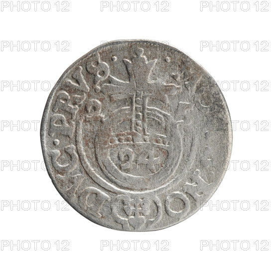 one-and-a-half; George William of Hohenzollern (Elector of Brandenburg; Duke of Prussia; 1620–1640); Obverse: under the ducal mitre a five-field heraldic shield, below in the shield the value numeral 3; in the rim between the borders an inscription separated by the mitre and the value numeral GE.WI.MA. -, .SRIE; Reverse: royal orb with a cross with arms terminating in finials; in the lower part of the orb the value numerals 24; on the sides of the cross the date numerals 2-5; in the rim between the borders an inscription divided by a cross and a heart - hallmark M, .NO - DVC.PRVS., 1625; Ducal Prussia (1525–1701), Königsberg; coin; diameter 19.3 mm; weight 0.98 g; axis 50°