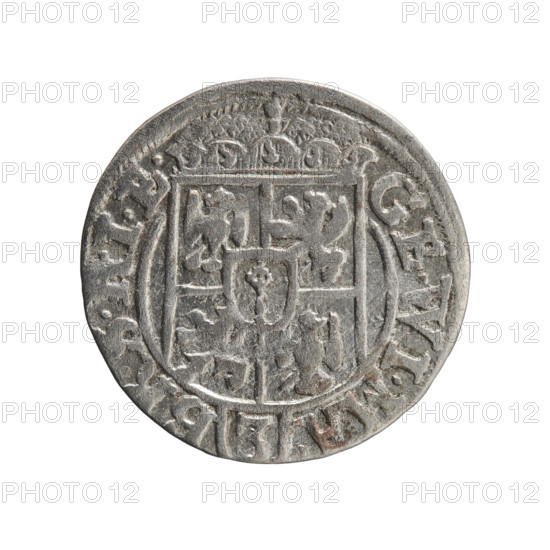 One-and-a-half coin. Obverse: Under the ducal mitre, a five-field heraldic shield, below in the shield the value numeral 3. In the rim between the borders is an inscription separated by the mitre and the value numeral GE.WI.MA. - BR.SRIE. Reverse: Royal orb with a cross with arms terminating in finials; in the lower part of the orb the value numerals 24; on the sides of the cross the date numerals 2-5. In the rim between the borders an inscription divided by a cross and a heart - the hallmark .MONE.NO - DVC.PRVS. Maker/issuer: George William of Hohenzollern (Elector of Brandenburg; Duke of Prussia; 1620–1640). Date/place: 1625, Königsberg, Ducal Prussia (1525–1701). Coin: diameter 19.4 mm, weight 1.09 g, axis 270°.