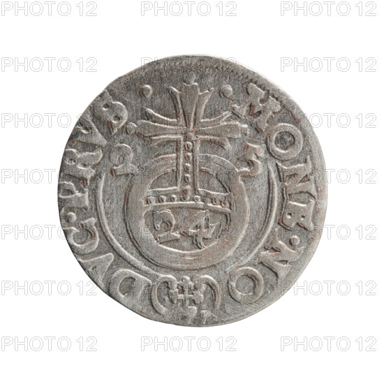 one-and-a-half; George William of Hohenzollern (Elector of Brandenburg; Duke of Prussia; 1620–1640); Obverse: under the ducal mitre, a five-field heraldic shield, below in the shield the value numeral 3; in the rim between the borders an inscription separated by the mitre and the value numeral GE.WI.MA. - BR.SRIE; Reverse: royal orb with a cross with arms terminating in finials, in the lower part of the orb the value numerals 24, on the sides of the cross the date numerals 2-5; in the rim between the borders an inscription divided by a cross and a heart - the hallmark .MONE.NO - DVC.PRVS.; 1625, Königsberg, Ducal Prussia (1525–1701); coin; diameter 19.4 mm; weight 1.09 g; axis 270°; iconographic elements: cross, orb of rule, coats of arms.