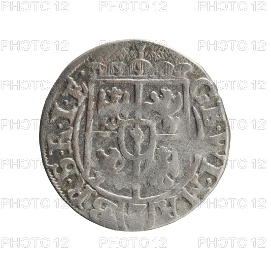 one-and-a-half, Pfahler, Ernest, cross (iconographic), George William Hohenzollern (Elector of Brandenburg; Duke of Prussia; 1620-1640), orb of reign (iconographic), coats of arms. Obv.: Under the ducal mitre, a five-field heraldic shield; below in the shield the value numeral 3. In the rim between the borders is an inscription separated by the mitre and the value numeral GE.WI.MA - BR.SRIE. Reverse: Royal orb with a cross with arms terminating in finials. In the lower part of the orb the value numerals 24. On the sides of the cross the date numerals 2-5. In the rim between the borders an inscription divided by a cross and a heart - the hallmark .MONE.NO - DV, VS., 1625, Königsberg, Ducal Prussia (1525-1701). Coin: diameter 19.3 mm, weight 1.01 g, axis 270 degrees.