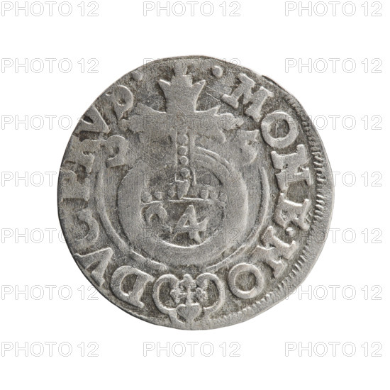 one-and-a-half, Pfahler, Ernest, cross (iconographic), George William Hohenzollern (Elector of Brandenburg; Duke of Prussia; 1620-1640), orb of reign (iconographic), coats of arms. Obverse: under the ducal mitre, a five-field heraldic shield; below in the shield the value numeral 3. In the rim between the borders an inscription separated by the mitre and the value numeral GE.WI.MA - BR.SRIE. Reverse: royal orb with a cross with arms terminating in finials; in the lower part of the orb the value numerals 24; on the sides of the cross the date numerals 2-5. In the rim between the borders an inscription divided by a cross and a heart - the hallmark .MONE.NO - DV, VS., 1625, Königsberg, Ducal Prussia (1525-1701). Coin; diameter 19.3 mm; weight 1.01 g; axis 270 degrees.