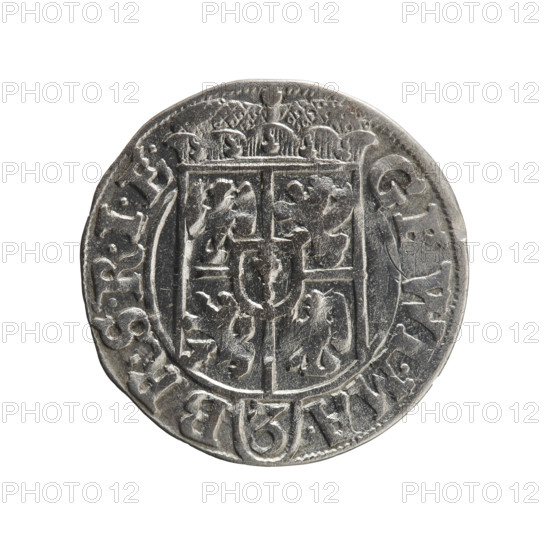 one-and-a-half, Ernest Pfahler, Department of Coins of Lands Associated with Poland, George William of Hohenzollern (Elector of Brandenburg; Duke of Prussia; 1620–1640), cross (iconographic), orb of rule (iconographic), coats of arms. Obv.: Under the ducal mitre, a five-field coat of arms; below in the shield the value numeral 3. In the rim between the borders is an inscription separated by the mitre and the value numeral GE, WI.MA. - BR.SRIE. Rev.: Royal orb with a cross with arms terminating in finials. In the lower part of the orb the value numerals 24. On the sides of the cross the date numerals 2-5. In the rim between the borders an inscription divided by a cross and a heart - the hallmark .MONE.NO - DVC.PRVS., 1625, Königsberg, Ducal Prussia (1525–1701). Coin: diameter 19.4 mm, weight 1.05 g, axis 270 degrees.