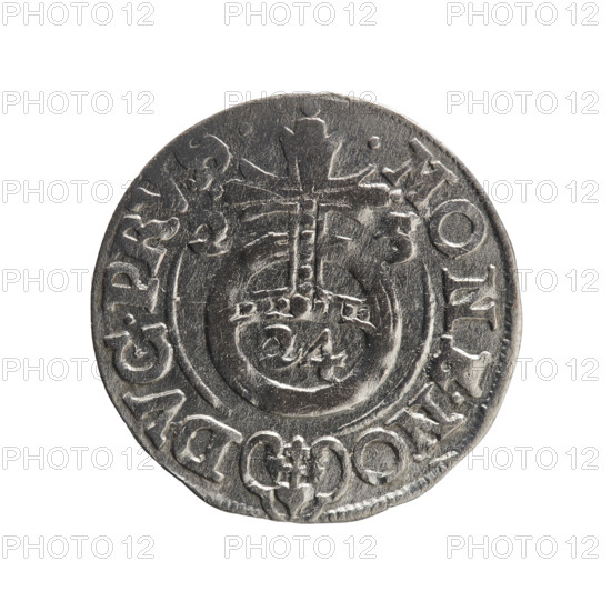 One-and-a-half; Ernest Pfahler; Department of Coins of Lands Associated with Poland — George William of Hohenzollern (Elector of Brandenburg; Duke of Prussia; 1620–1640). Obverse: under the ducal mitre, a five-field coat of arms, below in the shield the value numeral 3; in the rim between the borders an inscription separated by the mitre and the value numeral GE, WI.MA. - BR.SRIE. Reverse: royal orb with a cross with arms terminating in finials; in the lower part of the orb the value numerals 24; on the sides of the cross the date numerals 2-5; in the rim between the borders an inscription divided by a cross and a heart — the hallmark .MONE.NO - DVC.PRVS., 1625, Königsberg, Ducal Prussia (1525–1701). Coin: diameter 19.4 mm, weight 1.05 g, axis 270°.