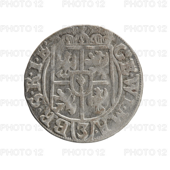 one-and-a-half, George William of Hohenzollern (Elector of Brandenburg; Duke of Prussia; 1620–1640), cross (iconographic), orb of rule (iconographic), coats of arms. Obverse: Under the ducal mitre, a five-field heraldic shield; below in the shield the value numeral 3. In the rim between the borders an inscription separated by the mitre and the value numeral GE·WI·MA· - BR·SRIE. Reverse: Royal orb with a cross with arms terminating in finials; in the lower part of the orb the value numerals 24; on the sides of the cross the date numerals 2–5. In the rim between the borders an inscription divided by a cross and a heart - the hallmark .MONE·NO - DVC·PRVS., 1625. Ducal Prussia (1525–1701), Königsberg; coin; diameter 19.2 mm; weight 1.15 g; axis 45°.