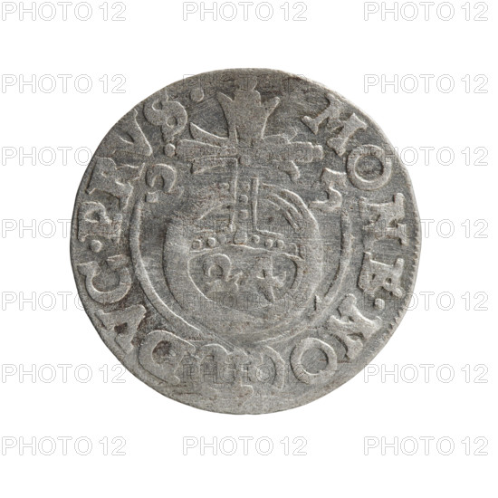one-and-a-half, George William of Hohenzollern (Elector of Brandenburg; Duke of Prussia; 1620–1640), cross (iconographic), orb of rule (iconographic), coats of arms. Obverse: Under the ducal mitre, a five-field heraldic shield; below in the shield the value numeral 3. In the rim between the borders an inscription separated by the mitre and the value numeral GE.WI.MA. - BR.SRIE. Reverse: Royal orb with a cross with arms terminating in finials; in the lower part of the orb the value numerals 24; on the sides of the cross the date numerals 2-5. In the rim between the borders an inscription divided by a cross and a heart - the hallmark .MONE.NO - DVC.PRVS., 1625. Ducal Prussia (1525–1701), Königsberg; coin; diameter 19.2 mm; weight 1.15 g; axis 45 degrees.