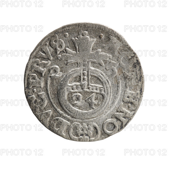 one-and-a-half, George William of Hohenzollern (Elector of Brandenburg; Duke of Prussia; 1620-1640), cross (iconographic), orb of rule (iconographic), coats of arms. Obv. Under the ducal mitre a five-field heraldic shield, below in the shield the value numeral 3. In the rim between the borders an inscription separated by the mitre and the value numeral GE.WI., BR.SRIE. Rv. Royal orb with a cross with arms terminating in finials. In the lower part of the orb the value numerals 24. On the sides of the cross the date numerals 2-5. In the rim between the borders an inscription divided by a cross and a heart - the hallmark. NO - DVC.PRVS., 1625, Ducal Prussia (1525-1701), Königsberg, coin: diameter 19.4 mm, weight 1.02 g, axis 135 degrees.