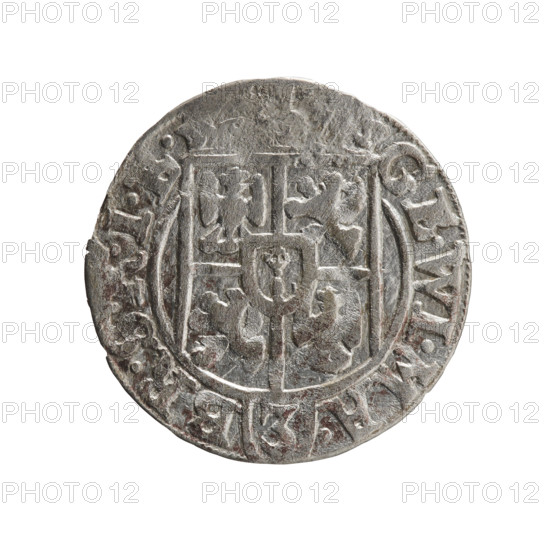 one-and-a-half, George William of Hohenzollern (Elector of Brandenburg; Duke of Prussia; 1620-1640), cross (iconographic), orb of rule (iconographic), coats of arms. Obverse: Under the ducal mitre, a five-field heraldic shield; below in the shield the value numeral 3. In the rim between the borders is an inscription separated by the mitre and the value numeral GE.WI.MA. - BR.SRIE. Reverse: Royal orb with a cross with arms terminating in finials. In the lower part of the orb, value numerals 4. On the sides of the cross, date numerals 2-5. In the rim between the borders an inscription divided by a cross and a heart - hallmark, O, .NO - DVC.PRV, 1625. Ducal Prussia (1525-1701), Königsberg; coin: diameter 19.2 mm, weight 0.94 g, axis 0 degrees.