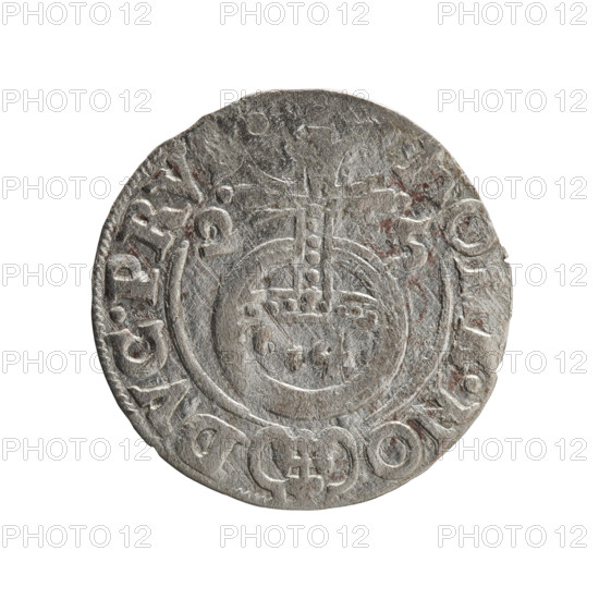 one-and-a-half; George William of Hohenzollern (Elector of Brandenburg; Duke of Prussia; 1620–1640); Obverse: under the ducal mitre, a five-field heraldic shield with the value numeral 3 below; rim inscription separated by the mitre and the value numeral: GE.WI.MA. - BR.SRIE; Reverse: royal orb with a cross whose arms terminate in finials; lower part of the orb, value numerals 4; on the sides of the cross, date numerals 2-5; rim inscription divided by a cross and a heart - hallmark O .NO - DVC.PRV, 1625. Ducal Prussia (1525–1701), Königsberg; coin; diameter 19.2 mm; weight 0.94 g; axis 0 degrees.