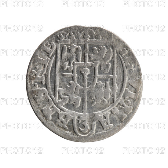 One-and-a-half; Ernest Pfahler; Department of Coins of Lands Associated with Poland. George William Hohenzollern (Elector of Brandenburg; Duke of Prussia; 1620–1640). Cross (iconographic); orb of rule (iconographic); coats of arms. Obverse: Under the ducal mitre, a five-field coat of arms; below in the shield the value numeral 3. In the rim between the borders, an inscription separated by the mitre and the value numeral, E.WI.MA - BR SRIE. Reverse: Royal orb with a cross with arms terminating in finials; in the lower part of the orb the value numerals 24; on the sides of the cross, date numerals 2–6. In the rim between the borders an inscription divided by a cross and a heart - the hallmark .MONE.NO - DVC.PRVS., 1626. Ducal Prussia (1525–1701), Königsberg. Coin: diameter 19.2 mm, weight 1.00 g, axis 200°.