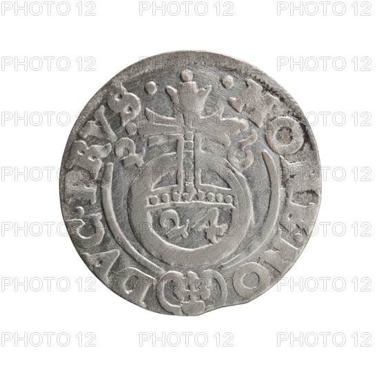 One-and-a-half, Ernest Pfahler. Obverse: Under the ducal mitre, a five-field coat of arms; below in the shield the value numeral 3. In the rim between the borders, an inscription separated by the mitre and the value numeral, E.WI.MA - BR SRIE. Reverse: Royal orb with a cross whose arms terminate in finials; in the lower part of the orb the value numerals 24; on the sides of the cross, date numerals 2-6. In the rim between the borders an inscription divided by a cross and a heart - the hallmark .MONE.NO - DVC.PRVS. Dated 1626. Ducal Prussia (1525–1701), Königsberg. Coin: diameter 19.2 mm, weight 1.00 g, axis 200°.