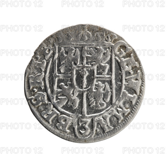 one-and-a-half; George William Hohenzollern (Elector of Brandenburg; Duke of Prussia; 1620–1640); orb of rule (iconographic); cross (iconographic); coats of arms. Obverse: Under the ducal mitre, a five-field coat of arms; below in the shield the value numeral 3. In the rim between the borders an inscription separated by the mitre and the value numeral GE.WI.MA. - BR.SRIE. Reverse: Royal orb with a cross with arms terminating in finials; in the lower part of the orb the value numerals 24; on the sides of the cross the date numerals 2-6. In the rim between the borders an inscription divided by a cross and a heart - the hallmark .MONE.NO - DVC.PRVS., 1626. Ducal Prussia (1525–1701), Königsberg; coin; diameter 19.7 mm; weight 1.04 g; axis 160°.