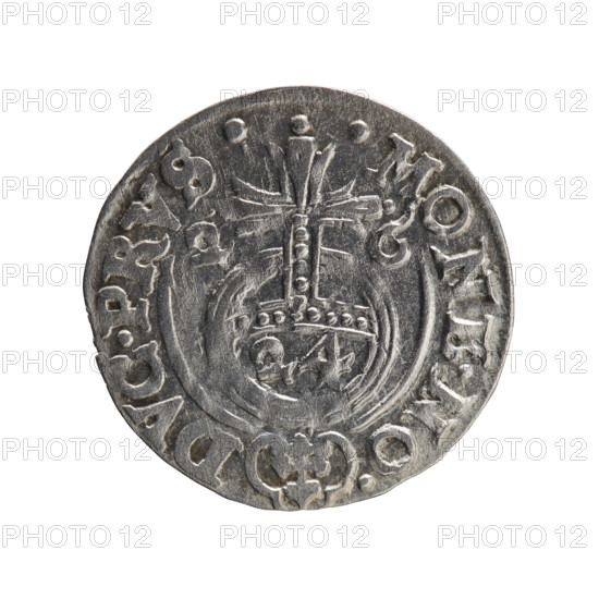 one-and-a-half, George William Hohenzollern (Elector of Brandenburg; Duke of Prussia; 1620-1640), orb of rule (iconographic), cross (iconographic), coats of arms. Obv. Under the ducal mitre, a five-field coat of arms; below in the shield the value numeral 3. In the rim between the borders is an inscription separated by the mitre and the value numeral GE.WI.MA. - BR.SRIE. Rev. Royal orb with a cross with arms terminating in finials. In the lower part of the orb the value numerals 24. On the sides of the cross the date numerals 2-6. In the rim between the borders an inscription divided by a cross and a heart - the hallmark .MONE.NO - DVC.PRVS., 1626. Ducal Prussia (1525-1701), Königsberg; coin: diameter 19.7 mm, weight 1.04 g, axis 160 degrees.