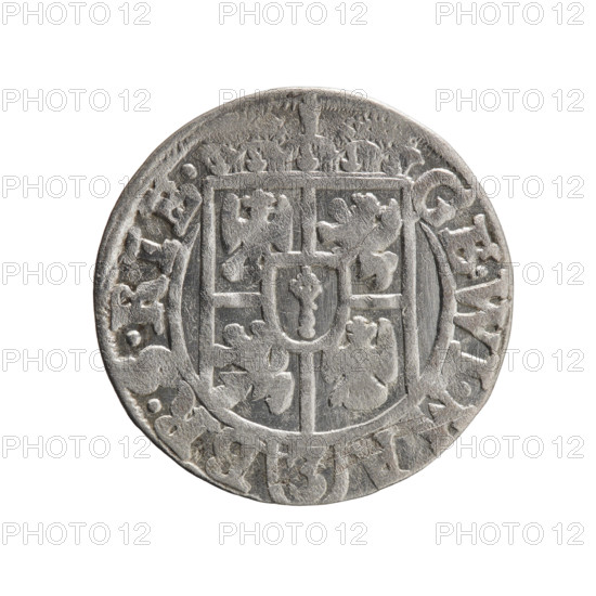 Obv.: Under the ducal mitre a five-field coat of arms; below in the shield the value numeral 3. In the rim between the borders an inscription separated by the mitre and the value numeral GE.WI.MA - BR.SRIE. Reverse: Royal orb with a cross with arms terminating in finials; in the lower part of the orb the value numerals 24; on the sides of the cross the date numerals 2-6. In the rim between the borders an inscription divided by a cross and a heart - the hallmark .MONE.NO - DVC.PRVS. Date: 1626. Maker/Authority: George William Hohenzollern (Elector of Brandenburg; Duke of Prussia, 1620–1640). Place: Ducal Prussia, Königsberg. Object: coin; diameter 19.2 mm; weight 1.14 g; axis 135°. Iconography: cross (iconographic), orb of rule (iconographic), coats of arms.
