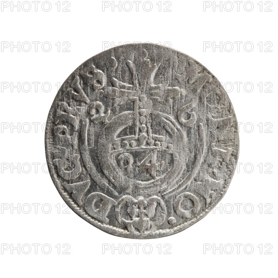 one-and-a-half, cross (iconographic), orb of rule (iconographic), George William Hohenzollern (Elector of Brandenburg; Duke of Prussia; 1620–1640), coats of arms. Obv.: Under the ducal mitre a five-field coat of arms; below in the shield the value numeral 3. In the rim between the borders an inscription separated by the mitre and the value numeral GE.WI.MA - BR.SRIE. Reverse: Royal orb with a cross with arms terminating in finials; in the lower part of the orb the value numerals 24; on the sides of the cross the date numerals 2-6. In the rim between the borders an inscription divided by a cross and a heart - the hallmark .MONE.NO - DVC.PRVS., 1626. Ducal Prussia (1525–1701), Königsberg; coin; diameter 19.2 mm; weight 1.14 g; axis 135 degrees.