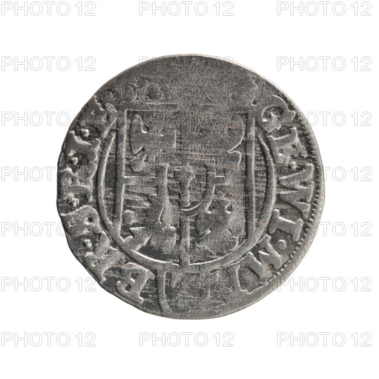 one and a half, Pfahler, Ernest, George William Hohenzollern (Elector of Brandenburg; Duke of Prussia; 1620–1640), orb of rule (iconographic), cross (iconographic), coats of arms. Obv.: Under the ducal mitre, a five-field coat of arms; below in the shield the value numeral. In the rim between the borders, an inscription separated by the mitre and the value numeral GE.WI.M, BR.SRIE. Rev.: Royal orb with a cross with arms terminating in finials. In the lower part of the orb, the value numerals 4. On the sides of the cross, date numerals 2–6. In the rim between the borders, an inscription separated by a cross and a heart - hallmark, MONE.NO. - DVC.PRV, 1626. Ducal Prussia (1525–1701), Königsberg; coin. Diameter 19.4 mm, weight 1.13 g, axis 0°