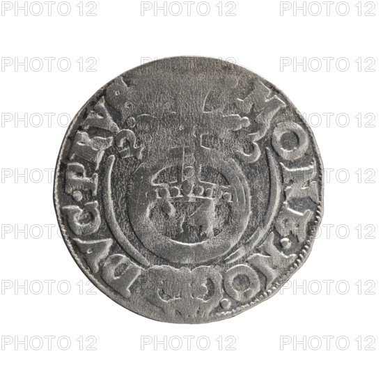 one and a half, George William Hohenzollern (Elector of Brandenburg; Duke of Prussia; 1620-1640), orb of rule (iconographic), cross (iconographic), coats of arms. Obv. Under the ducal mitre, a five-field coat of arms; below in the shield the value numeral. In the rim between the borders, an inscription separated by the mitre and the value numeral GE.WI.M, BR.SRIE. Rev. Royal orb with a cross with arms terminating in finials. In the lower part of the orb, the value numerals 4. On the sides of the cross, date numerals 2-6. In the rim between the borders, an inscription separated by a cross and a heart - hallmark, MONE.NO. - DVC.PRV, 1626. Ducal Prussia (1525-1701), Königsberg; coin. Diameter 19.4 mm, weight 1.13 g, axis 0 degrees.