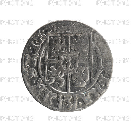 one-and-a-half, Pfahler, Ernest, George William Hohenzollern (Elector of Brandenburg; Duke of Prussia; 1620-1640), orb of rule (iconographic), cross (iconographic), coats of arms. Obv. Under the ducal mitre a five-field coat of arms; below in the shield the value numeral 3. In the rim between the borders an inscription separated by the mitre and the value numeral, I.MA. - BR.SRIE. Rev. Royal orb with a cross with arms terminating in finials. In the lower part of the orb the value numerals, 4. On the sides of the cross the date numerals, -6. In the rim between the borders an inscription divided by a cross and a heart - the hallmark .MONE., RVS., 1626. Ducal Prussia (1525-1701), Königsberg; coin: diameter 19.2 mm, weight 1.14 g, axis 45 degrees.