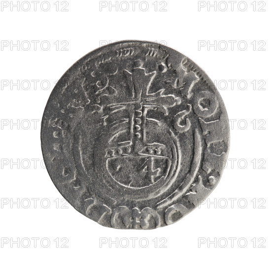 One-and-a-half, Ernest Pfahler. Obverse: Under the ducal mitre a five-field coat of arms; below in the shield the value numeral 3. In the rim between the borders an inscription separated by the mitre and the value numeral, I.MA. - BR.SRIE. Reverse: Royal orb with a cross whose arms terminate in finials; in the lower part of the orb the value numerals 4; on the sides of the cross the date numerals -6. In the rim between the borders an inscription divided by a cross and a heart - the hallmark .MONE., RVS., 1626. Iconography: orb of rule, cross, coats of arms. Maker/issuer: George William Hohenzollern (Elector of Brandenburg; Duke of Prussia; 1620–1640). Place/date: Ducal Prussia (1525–1701), Königsberg, 1626. Object: coin; diameter 19.2 mm; weight 1.14 g; axis 45 degrees.