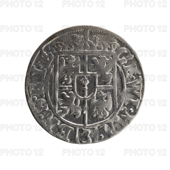 One and a half; maker: Ernest Pfahler. Obverse: Under a ducal mitre, a five-field heraldic shield with the value numeral 3 below. On the rim between the borders, inscription separated by the mitre and the value numeral: GE.WI.MA. - BR.SRIE. Reverse: Royal orb with a cross whose arms terminate in finials; in the lower part of the orb the value numerals 24; on the sides of the cross the date numerals 2-6. On the rim between the borders, inscription separated by a cross and a heart: .MONE.NO. - DVC.PRVS. Date: 1626, Königsberg, Ducal Prussia (1525–1701). Iconography: cross, orb of rule, coats of arms. Object: coin; diameter 19.3 mm; weight 1.15 g; axis 260°.