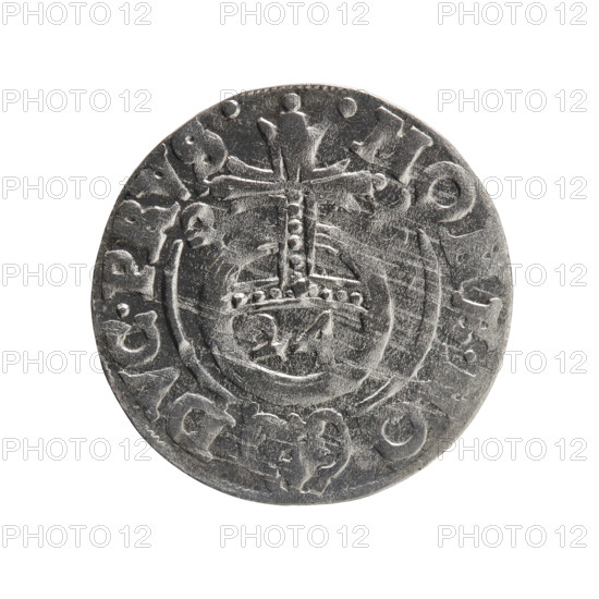 One and a half (value). Obverse: Under the ducal mitre, a five-field heraldic shield with the value numeral 3 in the lower part of the shield. On the rim between the borders, an inscription separated by the mitre and the value numeral: GE.WI.MA. - BR.SRIE. Reverse: Royal orb with a cross whose arms terminate in finials; in the lower part of the orb the value numerals 24; on the sides of the cross the date numerals 2-6. On the rim between the borders an inscription separated by a cross and a heart: .MONE.NO. - DVC.PRVS. 1626. Königsberg; Ducal Prussia (1525–1701). Coin; diameter 19.3 mm; weight 1.15 g; axis 260°. Maker: Ernest Pfahler. Iconography: cross, orb of rule, coats of arms.