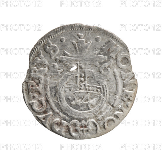 One-and-a-half; Ernest Pfahler; Department of Coins of Lands Associated with Poland. George William Hohenzollern (Elector of Brandenburg; Duke of Prussia; 1620–1640). Obverse: under the ducal mitre a five-field coat of arms; below in the shield a value numeral 3. In the rim between the borders an inscription separated by the mitre and the value numeral: BR.SRIE. Reverse: royal orb with a cross with arms terminating in finials; in the lower part of the orb the value numerals 24; on the sides of the cross the date numerals _-6_. In the rim between the borders an inscription divided by a cross and a heart: MONE. - DVC.PRVS., 1626. Ducal Prussia (1525–1701), Königsberg. Coin; diameter 19.4 mm; weight 0.67 g; axis 200°.
