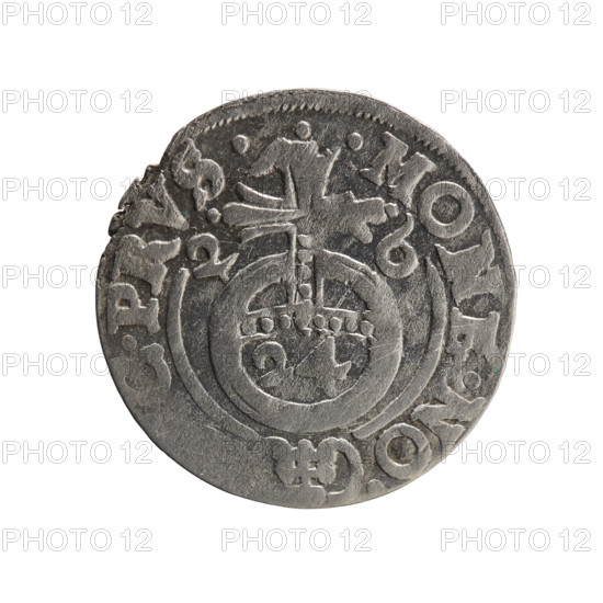one-and-a-half, orb of rule (iconographic), George William Hohenzollern (Elector of Brandenburg; Duke of Prussia; 1620–1640), coats of arms, cross (iconographic). Obverse: Under the ducal mitre a five-field coat of arms; below in the shield the value numeral 3. In the rim between the borders an inscription separated by the mitre and the value numeral, EW, .MA. - BR.SRIE. Reverse: Royal orb with a cross with arms terminating in finials. In the lower part of the orb the value numerals 24. On the sides of the cross the date numerals 2–6. In the rim between the borders an inscription divided by a cross and a heart - the hallmark .MONE.NO -, .PRVS., 1626. Ducal Prussia (1525–1701), Königsberg; coin; diameter 19.0 mm; weight 1.14 g; axis 135°.
