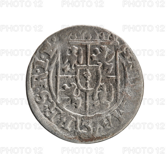 One-and-a-half coin (obverse and reverse), maker: Ernest Pfahler. Obverse: under a ducal mitre a five-field coat of arms, below in the shield a value numeral '3'; rim inscription separated by the mitre and the value numeral reading 'A. - BR.SRIE'. Reverse: royal orb with a cross whose arms terminate in finials; lower part of the orb shows value numerals '24'; on the sides of the cross the date numerals '2-6'; rim inscription divided by a cross and a heart reading 'MONE.NO. - DVC.PRVS.', date 1626. Issued for George William, Elector of Brandenburg; Duke of Prussia (reign 1620–1640). Place: Ducal Prussia, Königsberg. Coin: diameter 19.4 mm, weight 1.25 g, axis 45°.