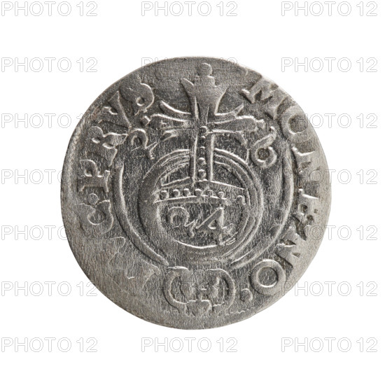 one-and-a-half, Ernest Pfahler, Department of Coins of Lands Associated with Poland, George William Hohenzollern (Elector of Brandenburg; Duke of Prussia; 1620-1640), orb of reign (iconographic), coats of arms, cross (iconographic), obverse. Under the ducal mitre a five-field coat of arms; below in the shield a value numeral 3. In the rim between the borders an inscription separated by the mitre and the value numeral, A. - BR.SRIE. Reverse: Royal orb with a cross with arms terminating in finials. In the lower part of the orb the value numerals 24. On the sides of the cross the date numerals 2-6. In the rim between the borders an inscription divided by a cross and a heart - the hallmark .MONE.NO. - DVC.PRVS., 1626. Ducal Prussia (1525-1701), Königsberg; coin, diameter 19.4 mm, weight 1.25 g, axis 45 degrees.