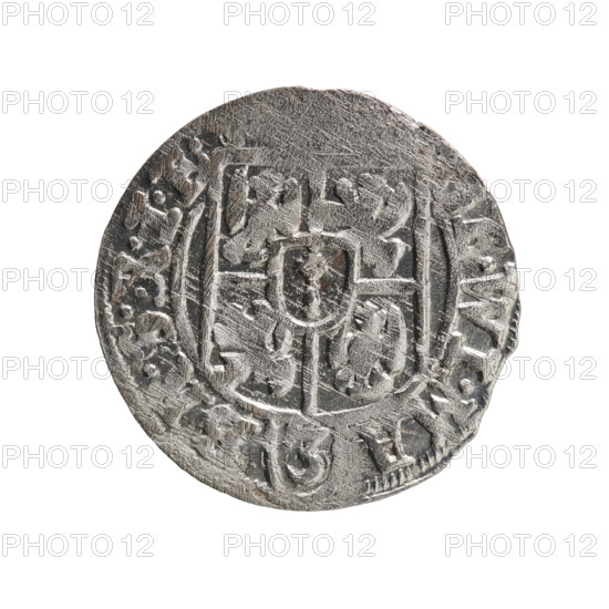 one-and-a-half, George William Hohenzollern (Elector of Brandenburg; Duke of Prussia; 1620-1640), orb of rule (iconographic), cross (iconographic), coats of arms. Obv.: Under the ducal mitre, a five-field coat of arms; below in the shield the value numeral 3. In the rim between the borders an inscription separated by the mitre and the value numeral, E.WI.MA. - BR.SRI .E. Rev.: Royal orb with a cross with arms terminating in finials. In the lower part of the orb the value numerals 24. On the sides of the cross the date numerals 2-6. In the rim between the borders an inscription divided by a cross and a heart - the hallmark .MONE., DVC.PRVS., 1626. Ducal Prussia (1525-1701), Königsberg; coin; diameter 19.2 mm; weight 0.98 g; axis 190 degrees.