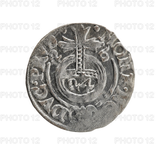 One-and-a-half coin, Pfahler, Ernest. George William Hohenzollern (Elector of Brandenburg; Duke of Prussia; 1620–1640). Obverse: under the ducal mitre, a five-field coat of arms; below in the shield the value numeral 3. In the rim between the borders an inscription separated by the mitre and the value numeral: E.WI.MA. - BR.SRI .E. Reverse: royal orb with a cross with arms terminating in finials; in the lower part of the orb the value numerals 24; on the sides of the cross the date numerals 2-6. In the rim between the borders an inscription divided by a cross and a heart - the hallmark .MONE., DVC.PRVS., 1626. Ducal Prussia (1525–1701), Königsberg. Coin: diameter 19.2 mm, weight 0.98 g, axis 190°.