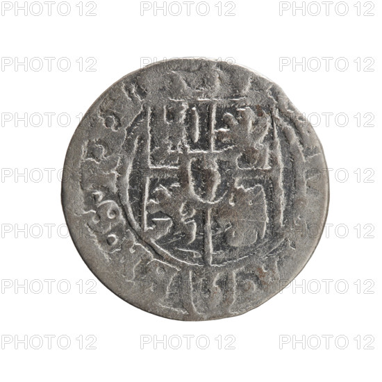 One-and-a-half; Ernest Pfahler; George William Hohenzollern (Elector of Brandenburg; Duke of Prussia; 1620–1640); 1626; Ducal Prussia (1525–1701), Königsberg; coin. Obverse: Under the ducal mitre a five-field coat of arms; below in the shield the value numeral 3; in the rim between the borders an inscription separated by the mitre and the value numeral: BR.SR. Reverse: Royal orb with a cross whose arms terminate in finials; in the lower part of the orb the value numerals 24; on the sides of the cross date numerals 2–6; in the rim between the borders an inscription divided by a cross and a heart and the hallmark: DVC.PRV. Coin: diameter 19.2 mm; weight 1.14 g; axis 45°.