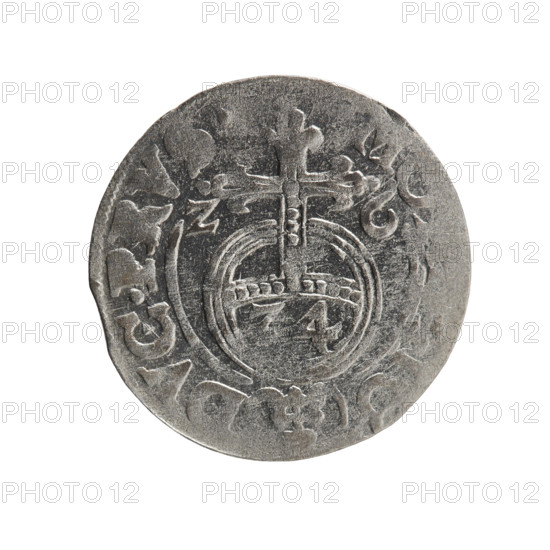 One-and-a-half, Pfahler, Ernest; George William Hohenzollern (Elector of Brandenburg; Duke of Prussia; 1620–1640). Obverse: under the ducal mitre a five-field coat of arms; below in the shield a value numeral 3. In the rim between the borders an inscription separated by the mitre and the value numeral, - BR.SR. Reverse: royal orb with a cross with arms terminating in finials; in the lower part of the orb the value numerals 24; on the sides of the cross are date numerals 2-6. In the rim between the borders an inscription divided by a cross and a heart - the hallmark, DVC.PRV, 1626. Ducal Prussia (1525–1701), Königsberg. Coin: diameter 19.2 mm, weight 1.14 g, axis 45°.