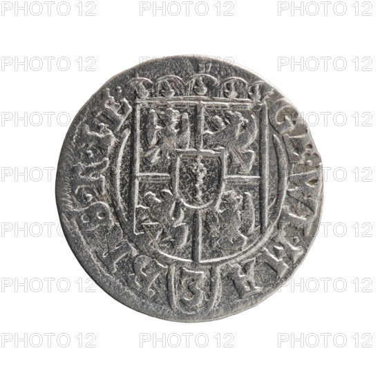 One-and-a-half, Ernest Pfahler. Obverse: under the ducal mitre, a five-field heraldic shield; below in the shield the value numeral 3. In the rim between the borders an inscription separated by the mitre and the value numeral GE.WI.MA - B, SRIE. Reverse: royal orb with a cross with arms terminating in finials; in the lower part of the orb the value numerals 24; on the sides of the cross the date numerals 2-6. In the rim between the borders an inscription divided by a cross and a heart - the hallmark .MONE.NO - DVC.PRVS., 1626. Ducal Prussia (1525–1701), Königsberg. Coin; diameter 19.3 mm, weight 1.03 g, axis 135°.
