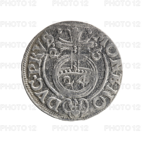 one-and-a-half, George William of Hohenzollern (Elector of Brandenburg; Duke of Prussia; 1620-1640), cross (iconographic), orb of rule (iconographic), coats of arms. Obv.: Under the ducal mitre, a five-field heraldic shield; below in the shield the value numeral 3. In the rim between the borders an inscription separated by the mitre and the value numeral GE.WI.MA - B, SRIE. Reverse: Royal orb with a cross with arms terminating in finials. In the lower part of the orb the value numerals 24. On the sides of the cross the date numerals 2-6. In the rim between the borders an inscription divided by a cross and a heart - the hallmark .MONE.NO - DVC.PRVS., 1626. Ducal Prussia (1525-1701), Königsberg; coin. Diameter 19.3 mm, weight 1.03 g, axis 135°.