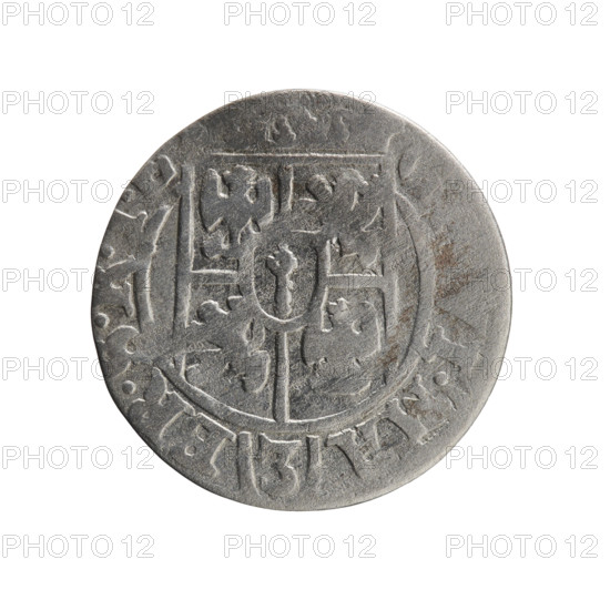 One-and-a-half coin, Ernest Pfahler; George William Hohenzollern (Elector of Brandenburg; Duke of Prussia; 1620–1640). Obverse: under the ducal mitre a five-field coat of arms; below in the shield the value numeral 3. In the rim between the borders an inscription separated by the mitre and the value numeral: I.MA - BR. Reverse: royal orb with a cross with arms terminating in finials; in the lower part of the orb the value numerals 24; on the sides of the cross the date numerals 2-6. In the rim between the borders an inscription divided by a cross and a heart: .MONE.NO - D, C.PRVS., 1626. Ducal Prussia (1525–1701), Königsberg. Coin: diameter 18.9 mm, weight 1.02 g, axis 100°.