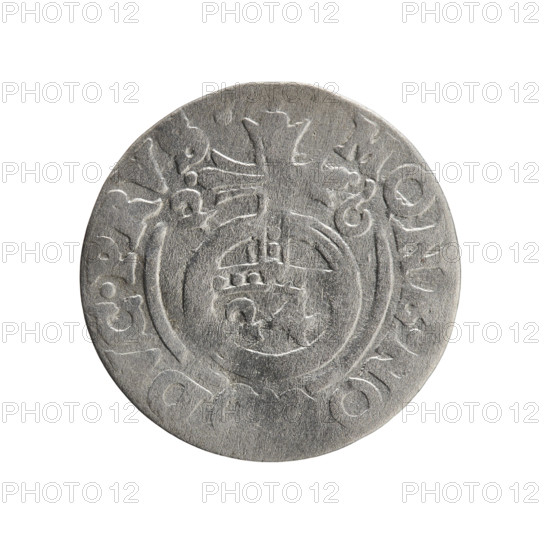 One-and-a-half, Pfahler, Ernest. George William Hohenzollern (Elector of Brandenburg; Duke of Prussia; 1620–1640). Obv.: Under the ducal mitre a five-field coat of arms; in the shield the value numeral 3. In the rim between the borders an inscription separated by the mitre and the value numeral, I.MA - BR. Rev.: Royal orb with a cross whose arms terminate in finials; in the lower part of the orb the value numerals 24; on the sides of the cross the date numerals 2-6. In the rim between the borders an inscription divided by a cross and a heart - the hallmark .MONE.NO - D, C.PRVS., 1626. Ducal Prussia (1525–1701), Königsberg. Coin: diameter 18.9 mm, weight 1.02 g, axis 100°.