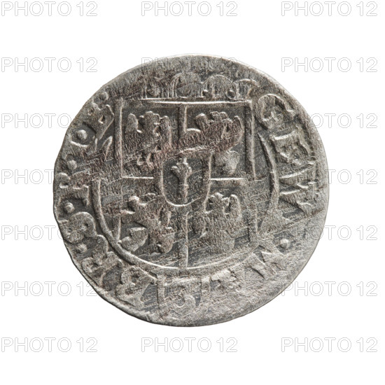 One-and-a-half; Pfahler, Ernest; George William Hohenzollern (Elector of Brandenburg; Prince of Prussia; 1620–1640); orb of reign (iconographic); cross (iconographic); coats of arms. Obverse: Under the ducal mitre, a five-field coat of arms; below in the shield the value numeral 3. In the rim between the borders an inscription separated by the mitre and the value numeral GE·WI·MA - BR·SRIE. Reverse: Royal orb with a cross with arms terminating in finials; in the lower part of the orb the value numerals 2.; on the sides of the cross the date numerals 2-6. In the rim between the borders an inscription divided by a cross and a heart - the hallmark ·MONE·NO - DVC·PRVS. 1626. Ducal Prussia (1525–1701), Königsberg. Coin: diameter 19.6 mm; weight 1.05 g; axis 80°.