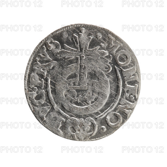 One-and-a-half, Pfahler, Ernest, George William Hohenzollern (Elector of Brandenburg; Prince of Prussia; 1620–1640), orb of reign (iconographic), cross (iconographic). Obverse: Under the ducal mitre, a five-field coat of arms; below in the shield the value numeral 3. In the rim between the borders an inscription separated by the mitre and the value numeral G .W .MA - SRIE. Reverse: Royal orb with a cross with arms terminating in finials; in the lower part of the orb the value numerals 24; on the sides of the cross the date numerals 2-6. In the rim between the borders an inscription divided by a cross and a heart - the hallmark .MONE.NO - VC.PRVS., 1626. Duchy of Prussia (1525–1701), Königsberg; coin; diameter 19.2 mm; weight 1.09 g; axis 270°.