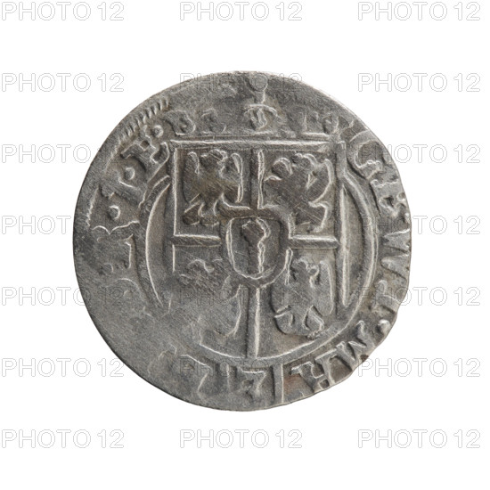 one and a half, cross (iconographic), coats of arms, orb of reign (iconographic), George William of Hohenzollern (Elector of Brandenburg; Duke of Prussia; 1620-1640). Obv.: under the ducal mitre a five-field coat of arms; below in the shield the value numeral 3. On the rim between the borders an inscription separated by the mitre and the value numeral GE.WI.MA -, .RIE. Rv.: royal orb with a cross with arms terminating in finials; in the lower part of the orb the value numeral 24; on the sides of the cross the date numerals 2-6. On the rim between the borders an inscription separated by a cross and a heart - the hallmark .MONE.NO. - , RVS., 1626. Ducal Prussia (1525–1701), Königsberg. Coin: diameter 19.0 mm, weight 0.98 g, axis 225°