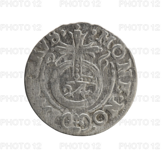 One and a half, Pfahler, Ernest; cross (iconographic); coats of arms; orb of reign (iconographic); George William of Hohenzollern (Elector of Brandenburg; Duke of Prussia; 1620–1640). Obv.: Under the ducal mitre a five-field coat of arms; below in the shield the value numeral 3. On the rim between the borders an inscription separated by the mitre and the value numeral GE.WI.MA - .RIE. Rv.: Royal orb with a cross with arms terminating in finials; in the lower part of the orb the value numeral 24; on the sides of the cross the date numerals 2-6; on the rim between the borders an inscription separated by a cross and a heart - the hallmark .MONE.NO. - .RVS., 1626. Ducal Prussia (1525–1701), Königsberg; coin; diameter 19.0 mm; weight 0.98 g; axis 225°.