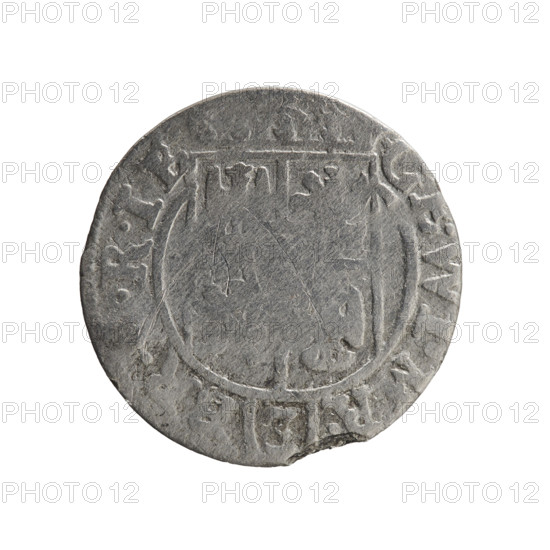 one-and-a-half; George William Hohenzollern (Elector of Brandenburg; Duke of Prussia; 1620–1640); obverse: under the ducal mitre, a five-field coat of arms, below in the shield the value numeral 3; rim inscription separated by the mitre and the value numeral GE.WI.MA. -, ., .RIE; reverse: royal orb with a cross with arms terminating in finials; lower part of orb the value numerals 4; on the sides of the cross the date numerals -6; rim inscription divided by a cross and a heart and the hallmark NO. - DVC.PRVS., 1626; Ducal Prussia (1525–1701), Königsberg; coin; diameter 19.0 mm; weight 1.02 g; axis 290°