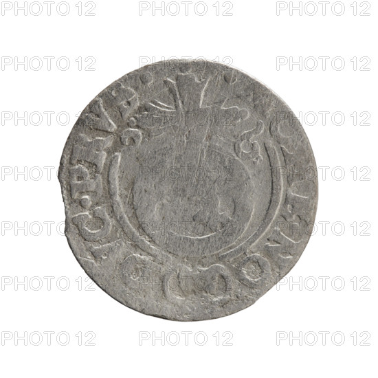 One-and-a-half; maker: Ernest Pfahler. Obverse: under the ducal mitre, a five-field coat of arms with the value numeral 3 in the lower part of the shield; rim inscription separated by the mitre and the value numeral reads GE.WI.MA. - ., .RIE. Reverse: royal orb with a cross whose arms terminate in finials; lower part of the orb shows the value numeral 4; date numerals on the sides of the cross read -6-; rim inscription divided by a cross and a heart includes the hallmark NO. - DVC.PRVS., 1626. Subject/iconography: orb of rule, cross, coats of arms. Issued: Ducal Prussia (1525–1701), Königsberg; coin. Dimensions: diameter 19.0 mm, weight 1.02 g, axis 290°.