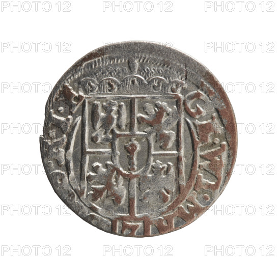 One and a half, George William of Hohenzollern (Elector of Brandenburg; Duke of Prussia; 1620–1640), Obverse: under the ducal mitre a five-field heraldic shield; below in the shield the value numeral 3. On the rim between the borders an inscription separated by the mitre and the value numeral. Right: royal orb with a cross with arms terminating in finials; in the lower part of the orb the value numerals 24; on the sides of the cross the date numerals 2–6. On the rim between the borders an inscription separated by a cross and a heart — the hallmark .MONE.NO. — DVC.PRVS., 1626. Ducal Prussia (1525–1701), Königsberg; coin, diameter 19.3 mm, weight 1.18 g, axis 190°.