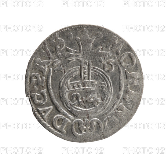 One and a half; Ernest Pfahler; Department of Coins of Lands Associated with Poland; George William of Hohenzollern (Elector of Brandenburg; Duke of Prussia; 1620–1640); cross (iconographic); orb of rule (iconographic); coats of arms. Obverse: under the ducal mitre a five-field heraldic shield, below in the shield the value numeral 3. On the rim between the borders an inscription separated by the mitre and the value numeral GE.WI.MA -, .RIE Right. Royal orb with a cross with arms terminating in finials. In the lower part of the orb the value numerals 24. On the sides of the cross the date numerals 2–6. On the rim between the borders an inscription separated by a cross and a heart - the hallmark .MONE.NO. - DVC.PRVS., 1626. Ducal Prussia (1525–1701), Königsberg. Coin; diameter 19.3 mm; weight 1.18 g; axis 190°