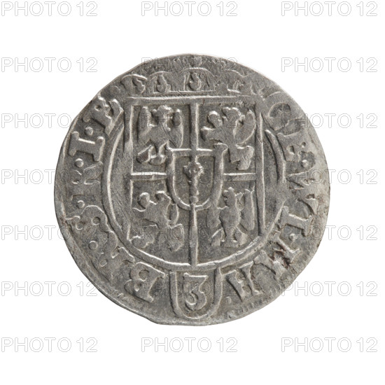 one and a half; Ernest Pfahler; Department of Coins of Lands Associated with Poland; George William Hohenzollern (Elector of Brandenburg; Duke of Prussia; 1620–1640); cross (iconographic); orb of rule (iconographic); coats of arms. Obverse: Under the ducal mitre a five-field heraldic shield; below in the shield the value numeral 3. On the rim between the borders an inscription separated by the mitre and the value numeral GE·WI·MA – BR·SRIE. Reverse: Royal orb with a cross with arms terminating in finials. In the lower part of the orb the value numerals 24. On the sides of the cross the date numerals 2–6. On the rim between the borders an inscription separated by a cross and a heart – hallmark ·MONE·NO· – DVC·PRVS., 1626. Ducal Prussia (1525–1701), Königsberg; coin; diameter 19.5 mm; weight 1.19 g; axis 270°