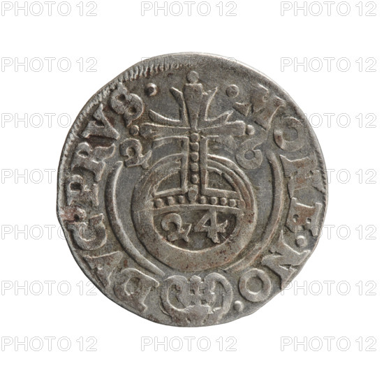 One and a half; maker: Pfahler, Ernest. Obverse: Under the ducal mitre a five-field heraldic shield, below in the shield the value numeral 3. On the rim between the borders an inscription separated by the mitre and the value numeral GE.WI.MA - BR.SRIE. Reverse: Royal orb with a cross with arms terminating in finials. In the lower part of the orb the value numerals 24. On the sides of the cross the date numerals 2-6. On the rim between the borders an inscription separated by a cross and a heart - hallmark .MONE.NO. - DVC.PRVS., 1626. Subject: George William Hohenzollern (Elector of Brandenburg; Duke of Prussia; 1620–1640). Iconography: cross, orb of rule, coats of arms. Place/date: Ducal Prussia (1525–1701), Königsberg, 1626. Object: coin; diameter 19.5 mm; weight 1.19 g; axis 270°.