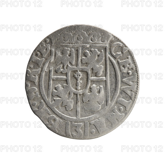 One-and-a-half thaler, George William (Elector of Brandenburg; Duke of Prussia; 1620–1640). Obverse: under the ducal mitre, a five-field heraldic shield with the value numeral 3 below. On the rim between borders, inscription separated by the mitre and the value numeral: GE.WI.MA. - B .SRIE. Reverse: royal orb with a cross whose arms terminate in finials; value numerals 24 in lower part of orb; date numerals 2-6 on sides of the cross. On the rim between borders, inscription separated by a cross and a heart: .MONE.NO. - DVC.PR, 1626, Königsberg. Ducal Prussia (1525–1701). Coin; diameter 19.0 mm; weight 0.96 g; axis 45°.