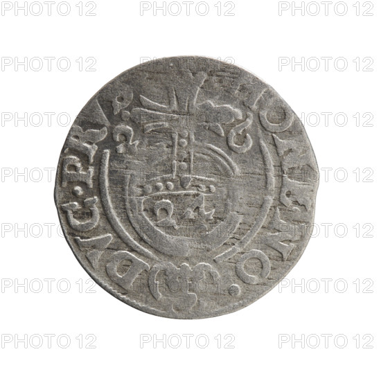 One-and-a-half, Ernest Pfahler. Obverse: Under the ducal mitre, a five-field heraldic shield; below in the shield the value numeral 3. On the rim between the borders, an inscription separated by the mitre and the value numeral GE.WI.MA. - B, .SRIE Right. Royal orb with a cross with arms terminating in finials. In the lower part of the orb, the value numerals 24. On the sides of the cross, date numerals 2-6. On the rim between the borders, an inscription separated by a cross and a heart - the hallmark .MONE.NO. - DVC.PR, 1626. Königsberg, Ducal Prussia (1525–1701). Coin; diameter 19.0 mm; weight 0.96 g; axis 45°.